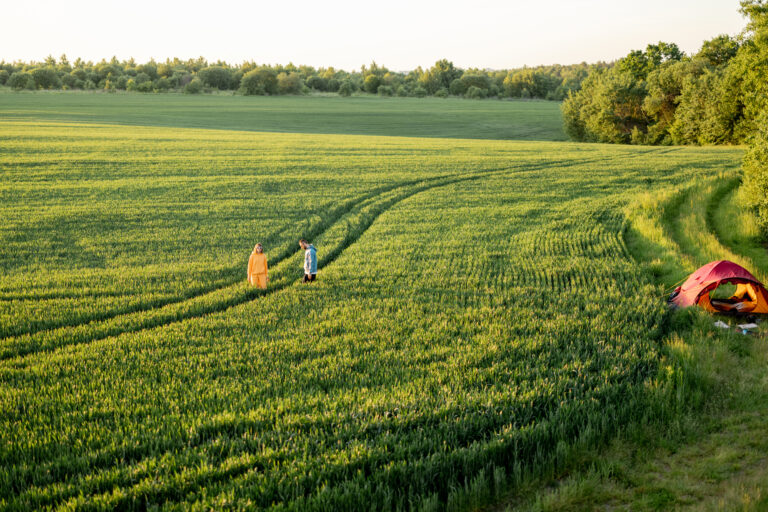 Aerial view on green field and couple traveling with tent